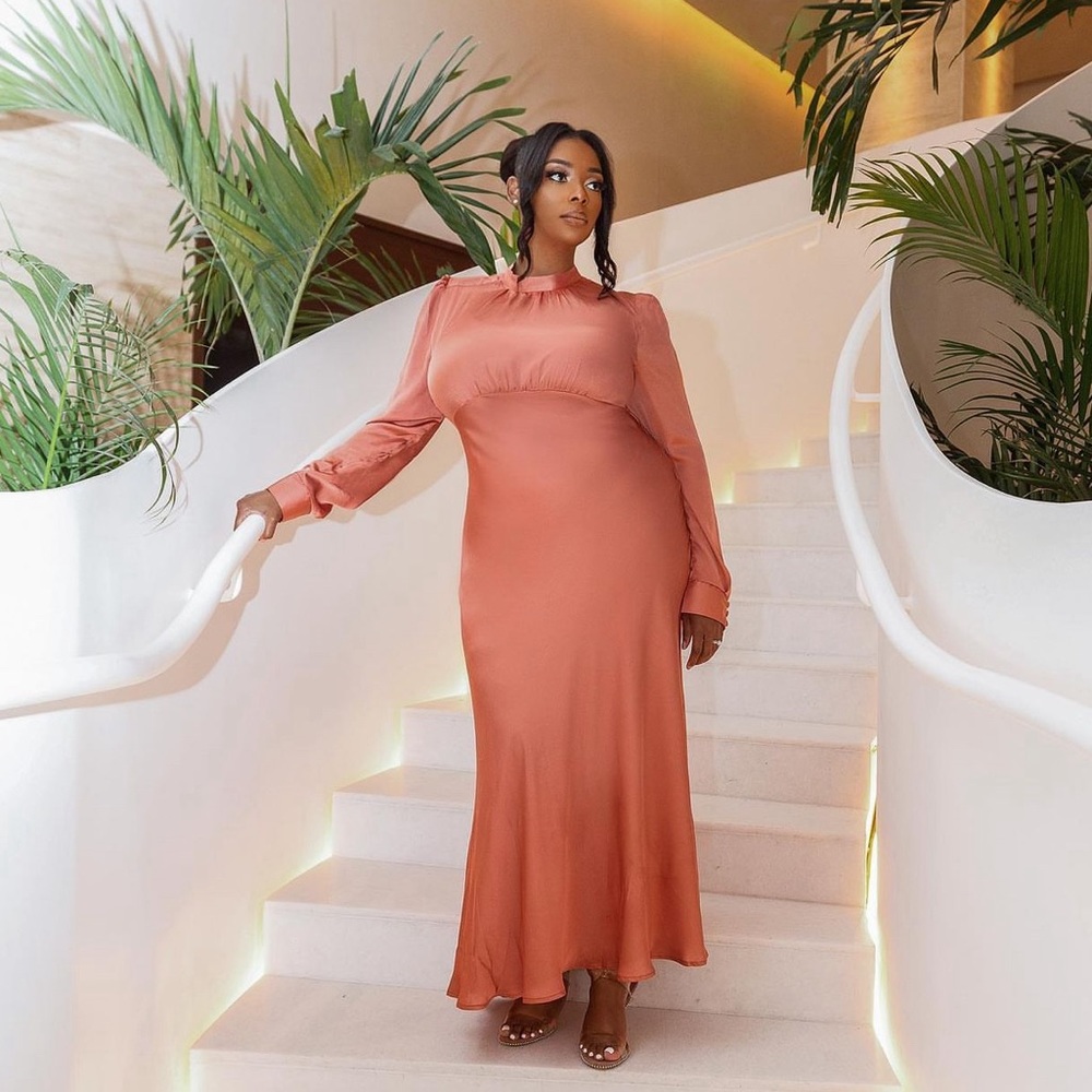 ASOS DESIGN High neck maxi satin tea dress in mocha